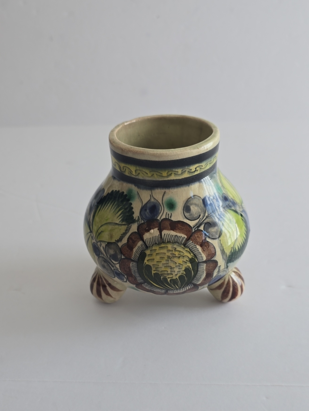 Vintage Tonala Handpainted Mexican Pottery Footed Vase Signed